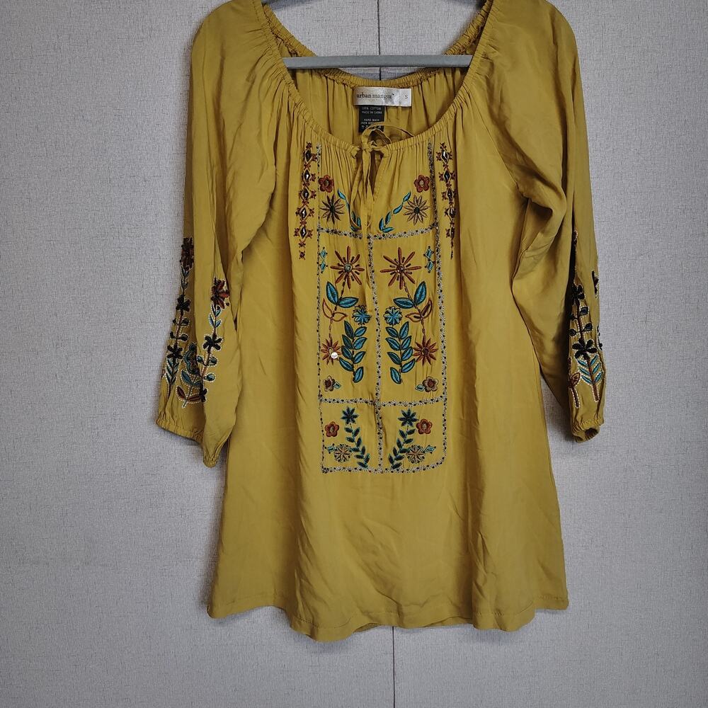 Urban Mangoz Tunic Top Womens S Mustard Embroidered Boho Peasant Cotton